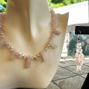 Rose Quartz & Sterling Silver Statement Necklace & Rose Quartz earrings Set